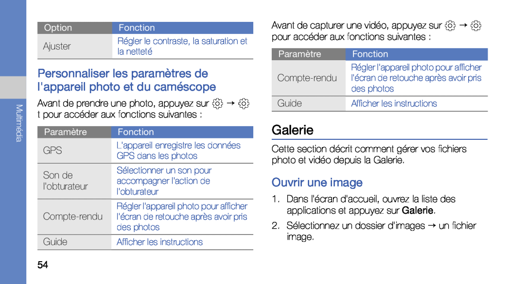 Samsung GT-I5700HKABOG Galerie, Personnaliser les paramètres de lappareil photo et du caméscope, Ouvrir une image, Son de 