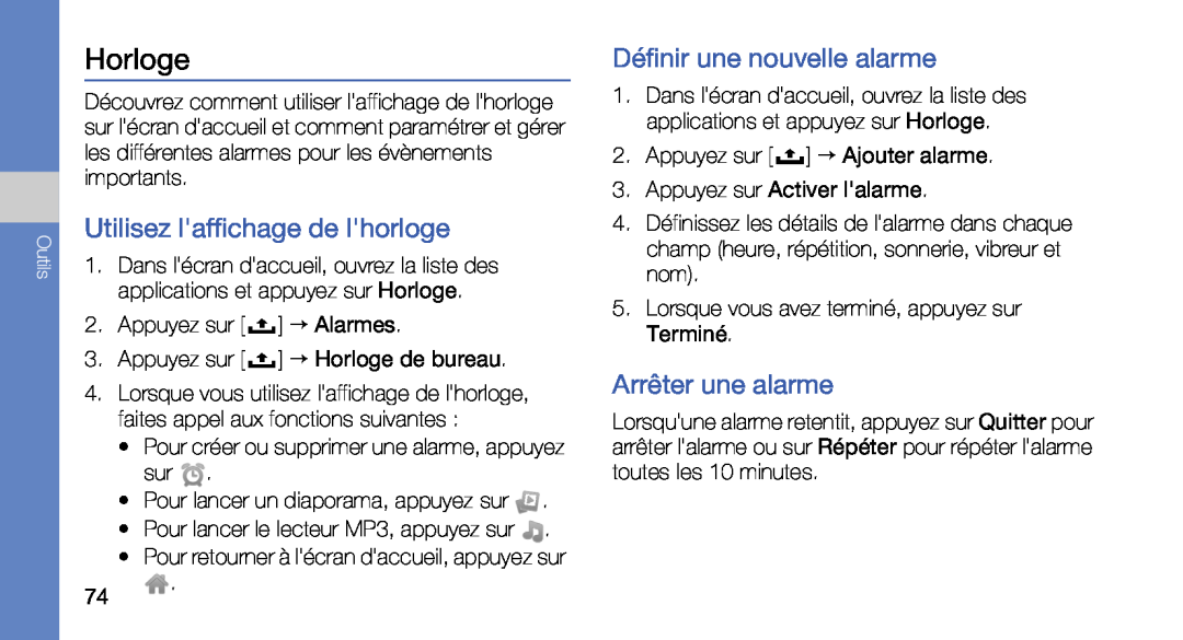 Samsung GT-I5700HKANRJ manual Horloge, Utilisez laffichage de lhorloge, Définir une nouvelle alarme, Arrêter une alarme 