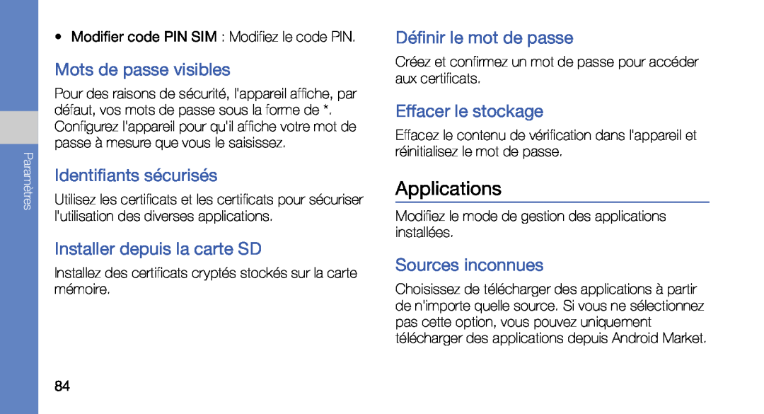 Samsung GT-I5700UWANRJ manual Applications, Mots de passe visibles, Identifiants sécurisés, Installer depuis la carte SD 