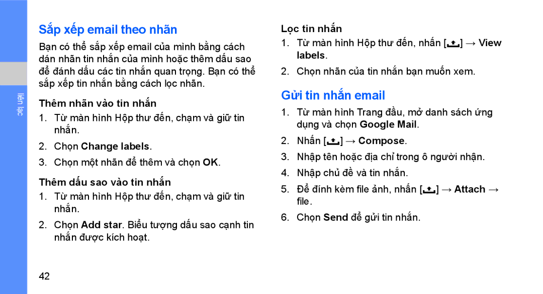 Samsung GT-I5700UWAXEV, GT-I5700HKAXEV manual Sắp xếp email theo nhãn, Gửi tin nhắn email 
