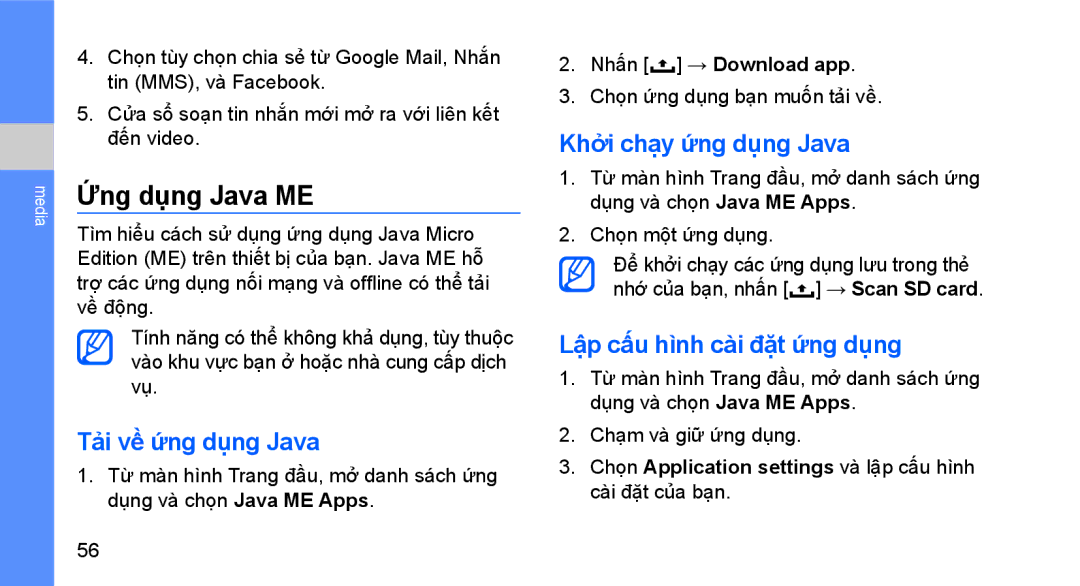 Samsung GT-I5700UWAXEV Ứng dụng Java ME, Tải về ứng dụng Java, Khở̉i chạy ứng dụng Java, Lậ̣p cấu hình cài đặ̣t ứng dụng 