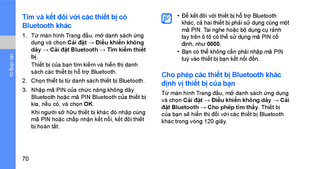Samsung GT-I5700UWAXEV, GT-I5700HKAXEV manual Tìm và kết đôi với các thiết bị có́ Bluetooth khác 