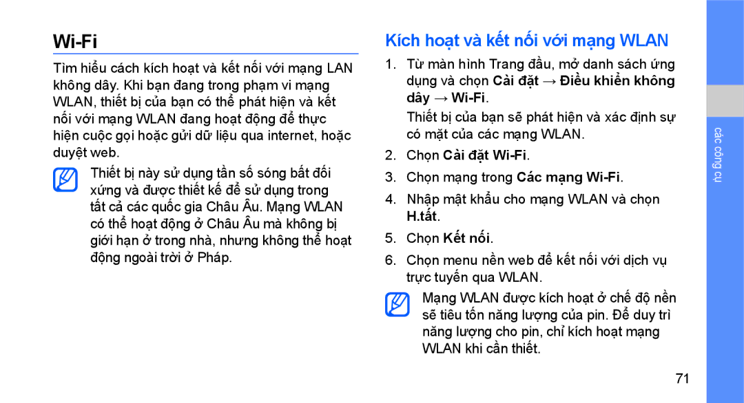 Samsung GT-I5700HKAXEV, GT-I5700UWAXEV manual Kích hoạt và kết nối với mạng Wlan, Chọn Cài đặ̣t Wi-Fi, Chọn Kết nối 