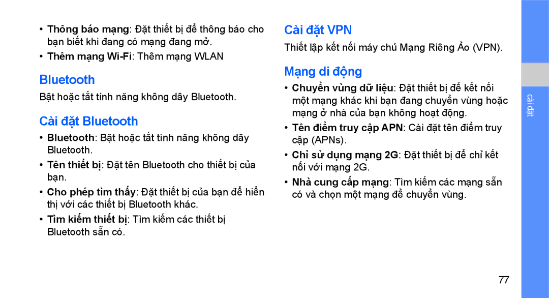 Samsung GT-I5700HKAXEV, GT-I5700UWAXEV manual Cài đặ̣t Bluetooth, Cài đặ̣t VPN, Mạng di độ̣ng 