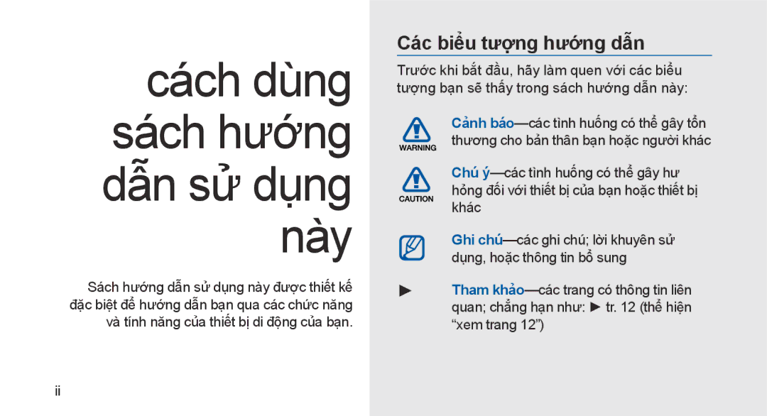 Samsung GT-I5700UWAXEV, GT-I5700HKAXEV manual Cách dùng sách hướng dẫn sử dụng này, Các biểu tượng hướng dẫn 