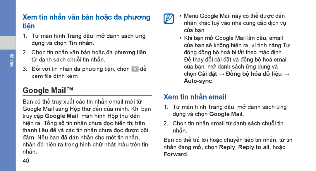 Samsung GT-I5700UWAXEV, GT-I5700HKAXEV manual Google Mail, Xem tin nhắn văn bản hoặ̣c đa phương tiện, Xem tin nhắn email 