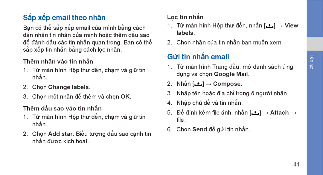 Samsung GT-I5700HKAXEV, GT-I5700UWAXEV manual Sắp xếp email theo nhãn, Gửi tin nhắn email 