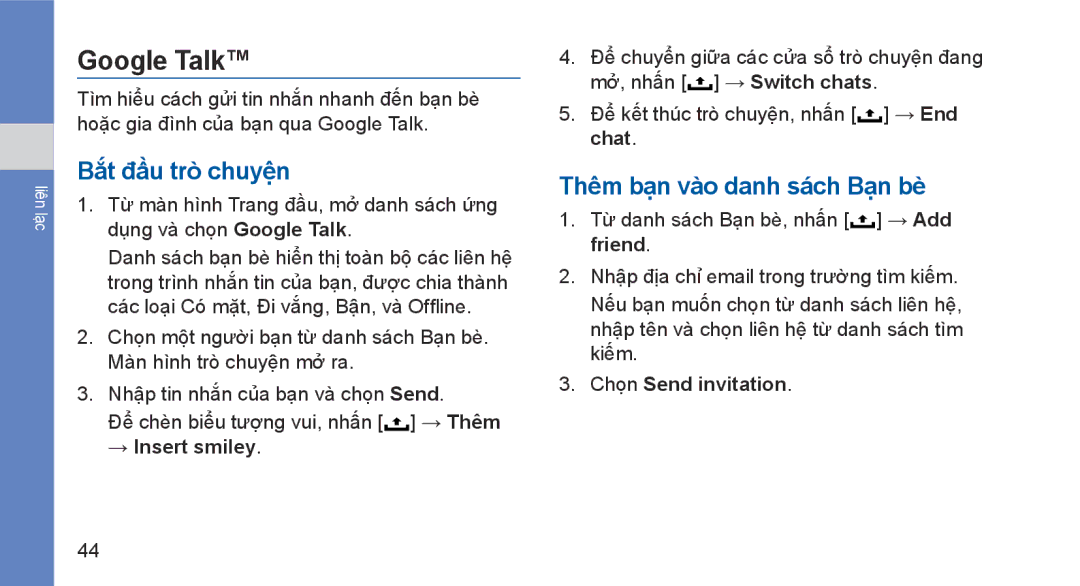 Samsung GT-I5700UWAXEV, GT-I5700HKAXEV manual Google Talk, Bắt đầu trò chuyện, Thêm bạn vào danh sách Bạn bè 