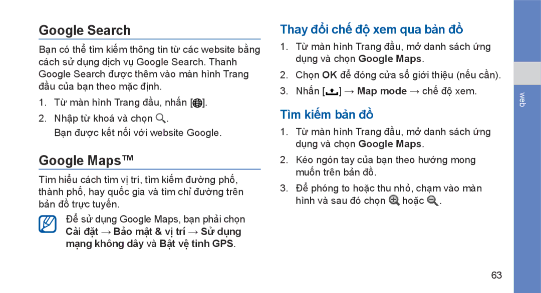 Samsung GT-I5700HKAXEV, GT-I5700UWAXEV manual Google Search, Google Maps, Thay đổ̉i chế độ̣ xem qua bản đồ, Tìm kiếm bản đồ 