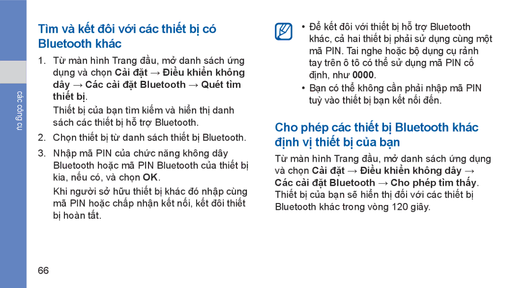 Samsung GT-I5700UWAXEV, GT-I5700HKAXEV manual Tìm và kết đôi với các thiết bị có́ Bluetooth khác 