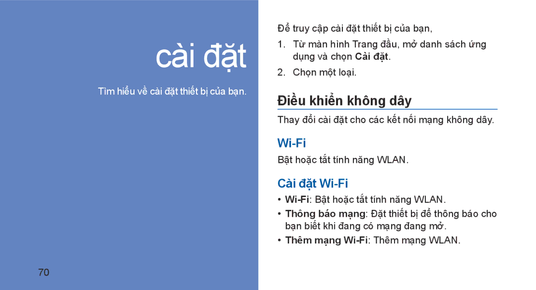 Samsung GT-I5700UWAXEV, GT-I5700HKAXEV manual Điều khiển không dây, Cài đặ̣t Wi-Fi 
