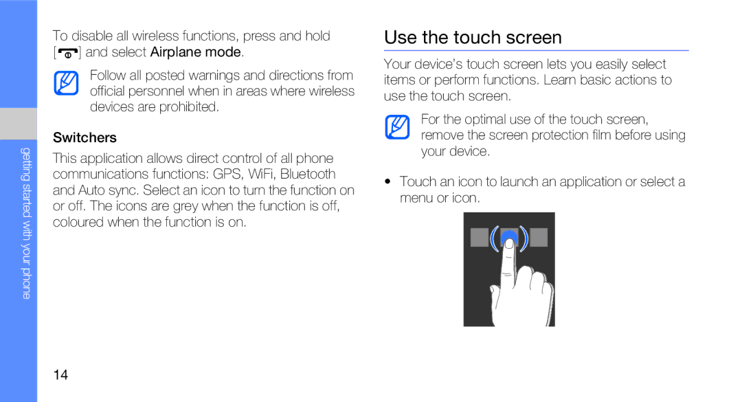 Samsung GH68-27732A, GT-I5700R manual Use the touch screen, Switchers 