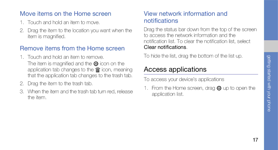 Samsung GT-I5700R, GH68-27732A manual Access applications, Move items on the Home screen, Remove items from the Home screen 