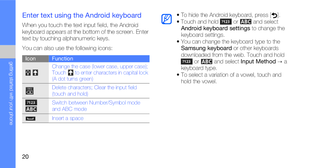 Samsung GH68-27732A, GT-I5700R manual Enter text using the Android keyboard, You can also use the following icons 