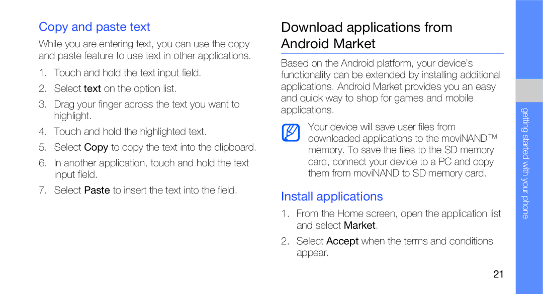 Samsung GT-I5700R, GH68-27732A manual Download applications from Android Market, Copy and paste text, Install applications 