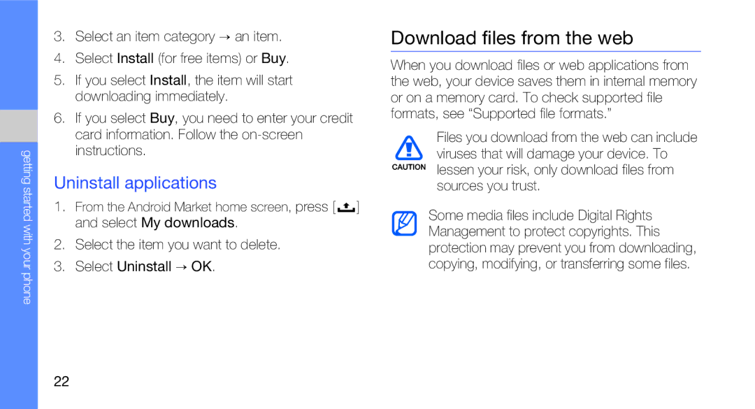 Samsung GH68-27732A, GT-I5700R manual Download files from the web, Uninstall applications 