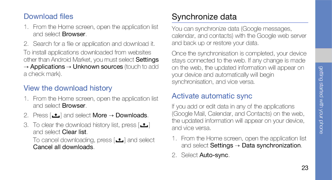 Samsung GT-I5700R, GH68-27732A manual Synchronize data, Download files, View the download history, Activate automatic sync 