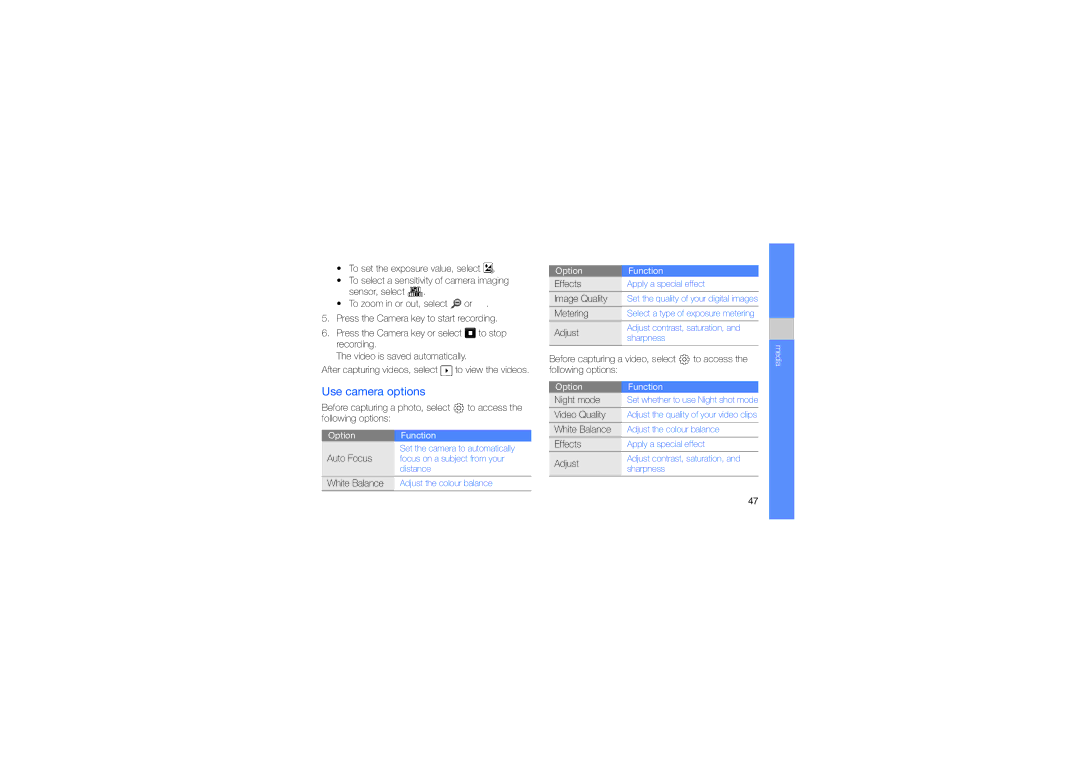 Samsung GT-I5700HKAEPL, GT-I5700UWAEPL, GT-I5700UWADBT, GT-I5700UWAVD2, GT-I5700HKATMN Use camera options, Option Function 