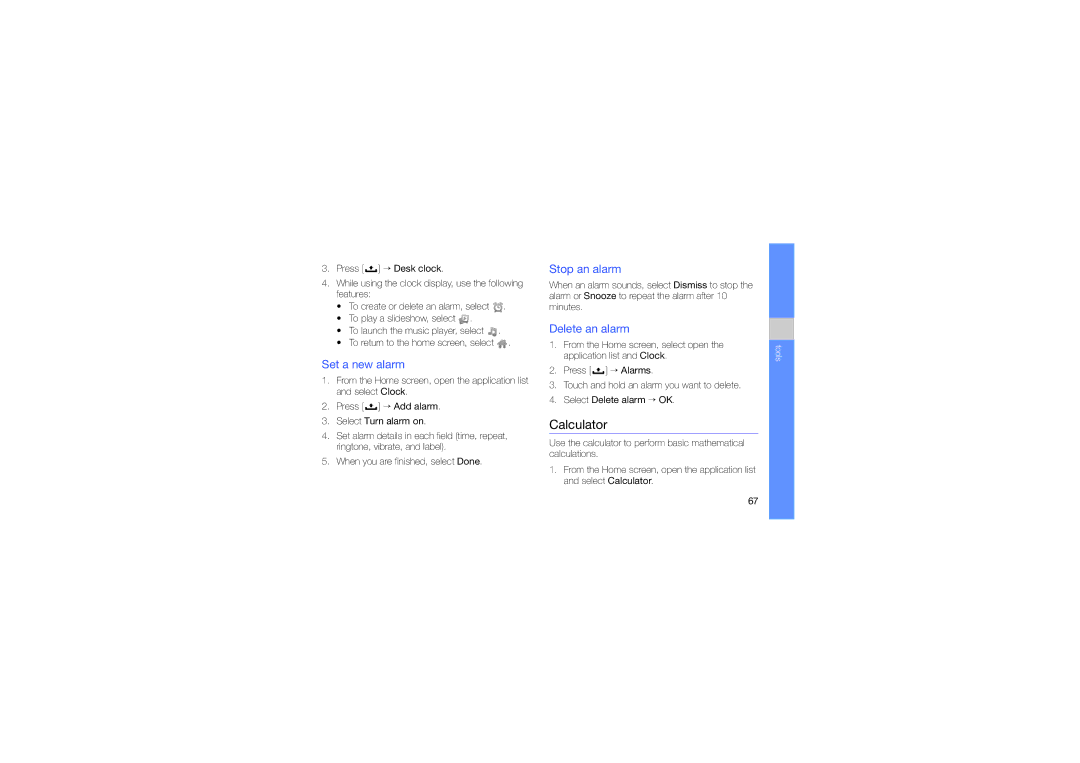 Samsung GT-I5700UWAYOG, GT-I5700UWAEPL, GT-I5700UWADBT manual Calculator, Set a new alarm, Stop an alarm, Delete an alarm 