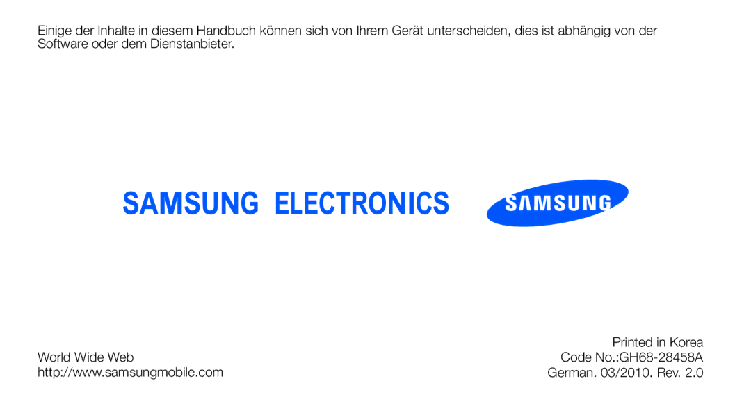 Samsung GT-I5700HKATMN, GT-I5700UWAEPL, GT-I5700UWADBT, GT-I5700UWAVD2, GT-I5700HKAEPL, GT-I5700WGADBT manual German /2010. Rev 