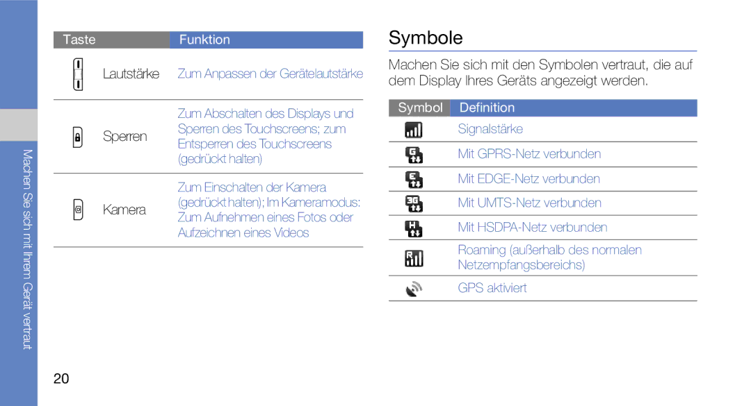 Samsung GT-I5700HKADBT, GT-I5700UWAEPL, GT-I5700UWADBT, GT-I5700UWAVD2, GT-I5700HKATMN manual Symbole, Sperren, Kamera 