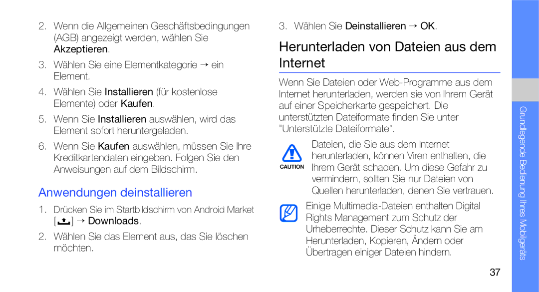 Samsung GT-I5700HKAVD2, GT-I5700UWAEPL manual Herunterladen von Dateien aus dem Internet, Anwendungen deinstallieren 