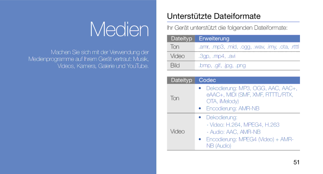 Samsung GT-I5700HKATMN manual Unterstützte Dateiformate, Ihr Gerät unterstützt die folgenden Dateiformate, Ton, Video, Bild 