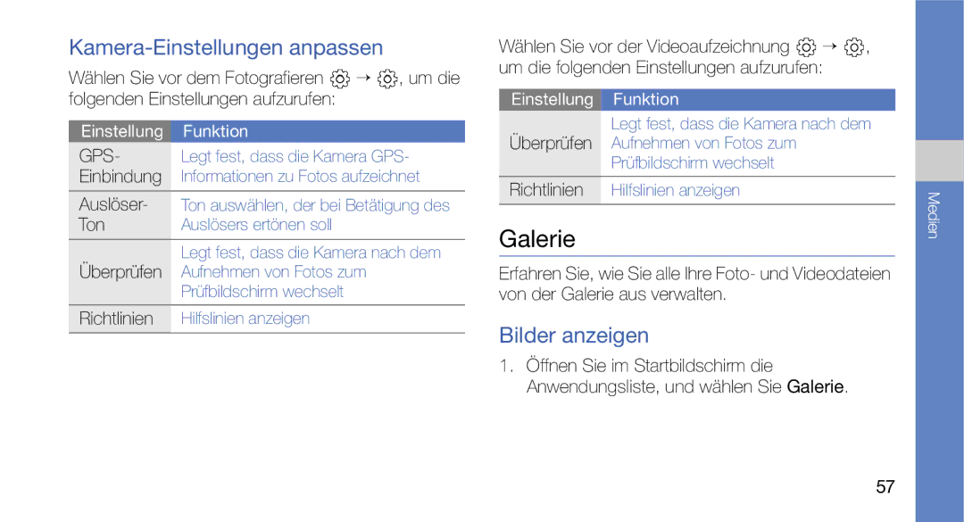 Samsung GT-I5700UWAEPL, GT-I5700UWADBT manual Galerie, Kamera-Einstellungen anpassen, Bilder anzeigen, Auslöser, Richtlinien 