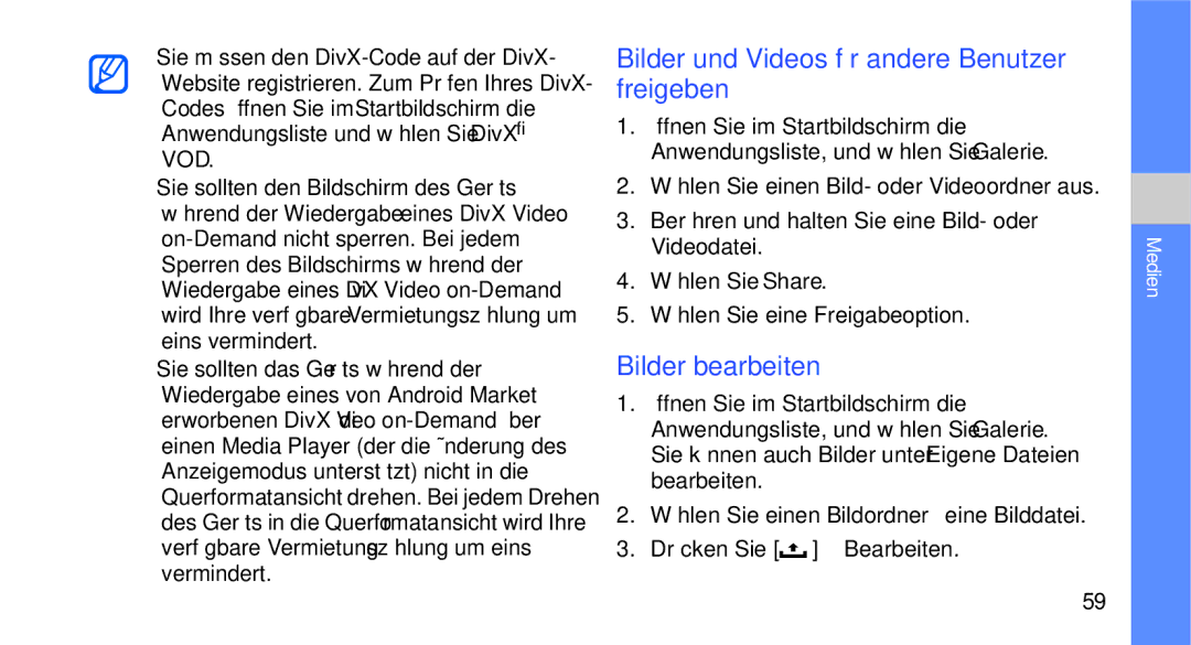 Samsung GT-I5700UWAVD2 manual Bilder und Videos für andere Benutzer freigeben, Bilder bearbeiten, Drücken Sie → Bearbeiten 