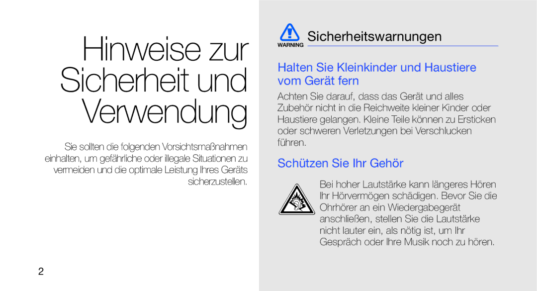 Samsung GT-I5700HKADBT Sicherheitswarnungen, Halten Sie Kleinkinder und Haustiere vom Gerät fern, Schützen Sie Ihr Gehör 