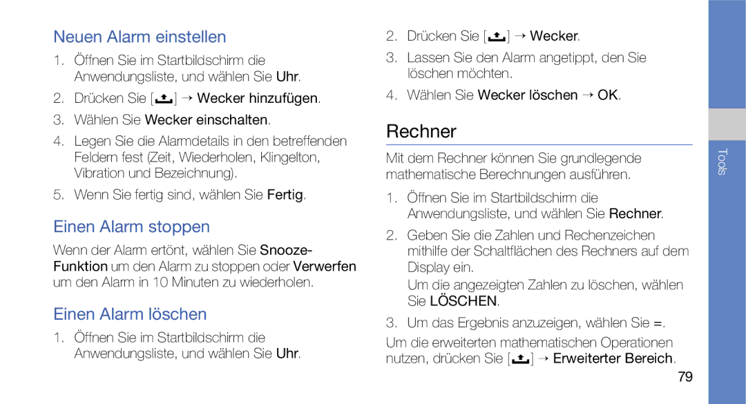 Samsung GT-I5700HKAEPL, GT-I5700UWAEPL manual Rechner, Neuen Alarm einstellen, Einen Alarm stoppen, Einen Alarm löschen 