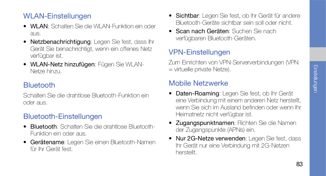 Samsung GT-I5700HKADBT manual WLAN-Einstellungen, Bluetooth-Einstellungen, VPN-Einstellungen, Mobile Netzwerke 