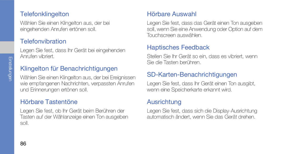 Samsung GT-I5700UWAVD2 manual Telefonklingelton, Telefonvibration, Klingelton für Benachrichtigungen, Hörbare Tastentöne 