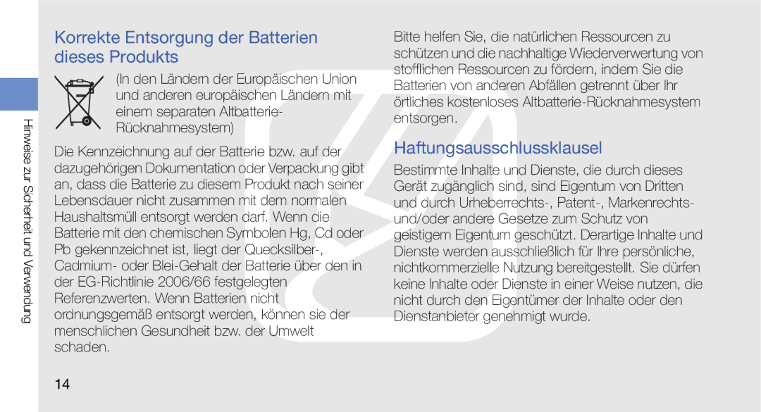 Samsung GT-I5700UWAVD2, GT-I5700UWAEPL manual Korrekte Entsorgung der Batterien dieses Produkts, Haftungsausschlussklausel 