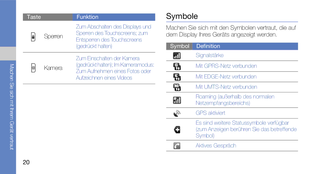 Samsung GT-I5700HKADBT, GT-I5700UWAEPL, GT-I5700UWADBT, GT-I5700UWAVD2, GT-I5700HKATMN manual Symbole, Sperren, Kamera 