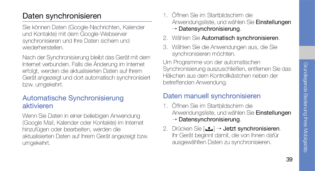 Samsung GT-I5700UWAEPL Daten synchronisieren, Automatische Synchronisierung aktivieren, Daten manuell synchronisieren 