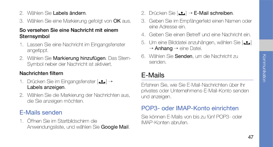 Samsung GT-I5700HKADBT, GT-I5700UWAEPL manual Mails senden, POP3- oder IMAP-Konto einrichten, Wählen Sie Labels ändern 