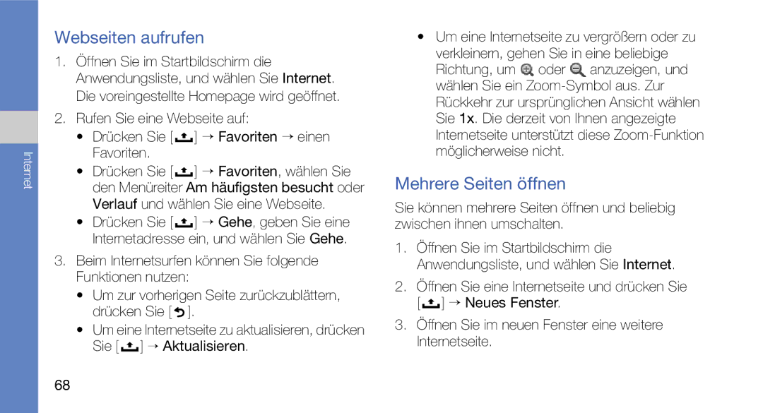 Samsung GT-I5700UWAVD2, GT-I5700UWAEPL, GT-I5700UWADBT, GT-I5700HKATMN manual Webseiten aufrufen, Mehrere Seiten öffnen 
