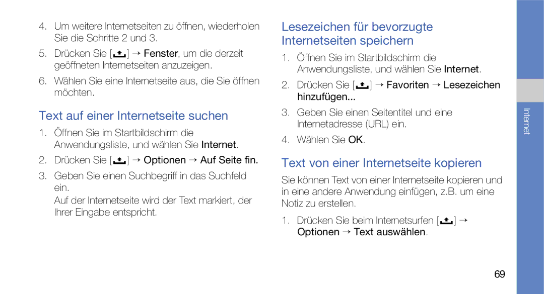 Samsung GT-I5700HKATMN manual Text auf einer Internetseite suchen, Lesezeichen für bevorzugte Internetseiten speichern 