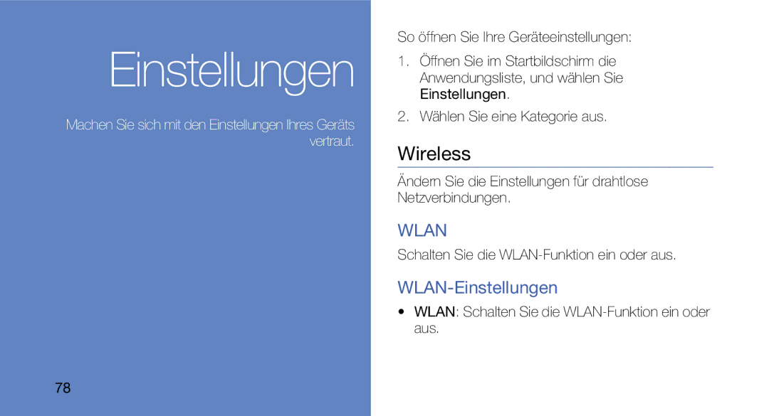 Samsung GT-I5700HKATMN manual Wireless, WLAN-Einstellungen, Ändern Sie die Einstellungen für drahtlose Netzverbindungen 