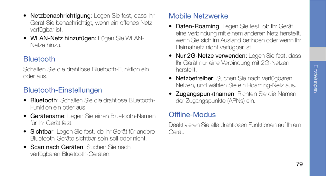 Samsung GT-I5700HKAEPL, GT-I5700UWAEPL, GT-I5700UWADBT manual Bluetooth-Einstellungen, Mobile Netzwerke, Offline-Modus 