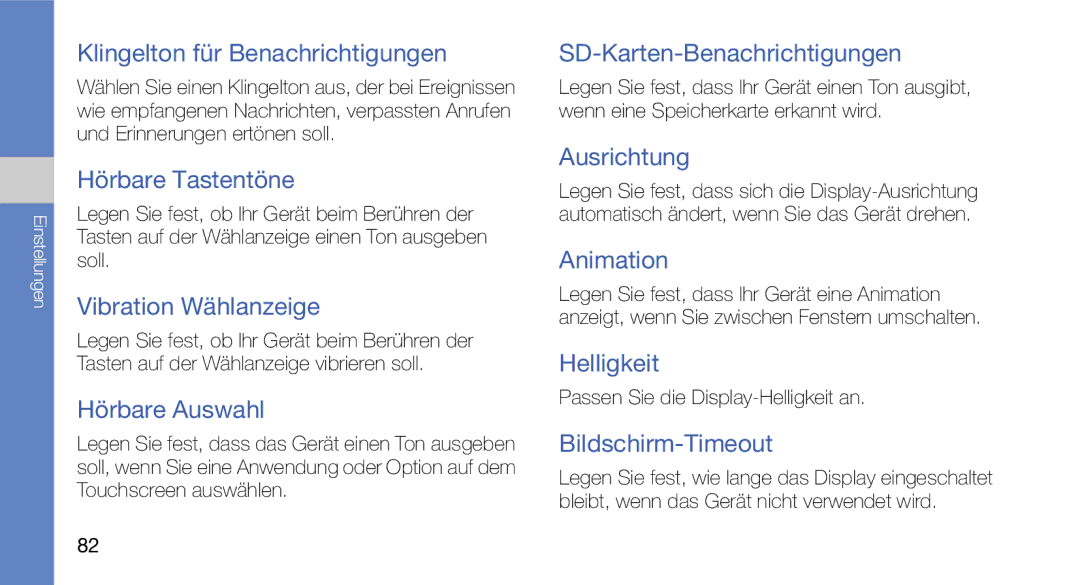 Samsung GT-I5700HKAVD2 manual Klingelton für Benachrichtigungen, Hörbare Tastentöne, Vibration Wählanzeige, Hörbare Auswahl 
