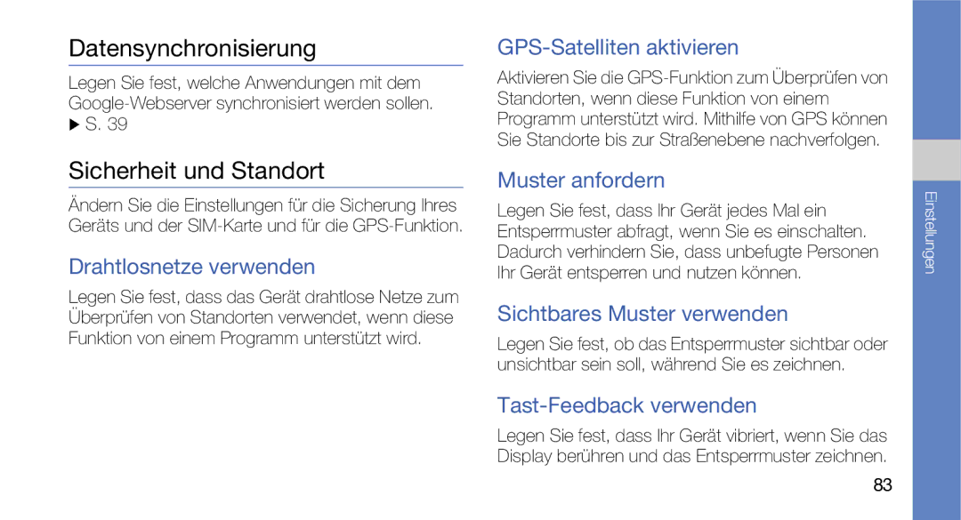 Samsung GT-I5700HKADBT, GT-I5700UWAEPL, GT-I5700UWADBT, GT-I5700UWAVD2 manual Datensynchronisierung, Sicherheit und Standort 