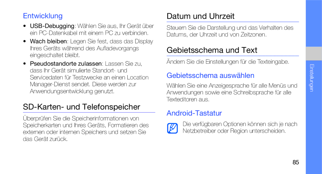Samsung GT-I5700UWADBT, GT-I5700UWAEPL manual SD-Karten- und Telefonspeicher, Datum und Uhrzeit, Gebietsschema und Text 