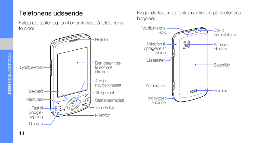 Samsung GT-I5700UWAXEE, GT-I5700HKAXEE Telefonens udseende, Følgende taster og funktioner findes på telefonens bagside 