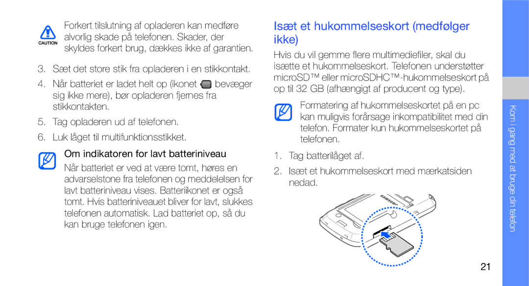 Samsung GT-I5700HKAXEE, GT-I5700UWAXEE manual Isæt et hukommelseskort medfølger ikke 