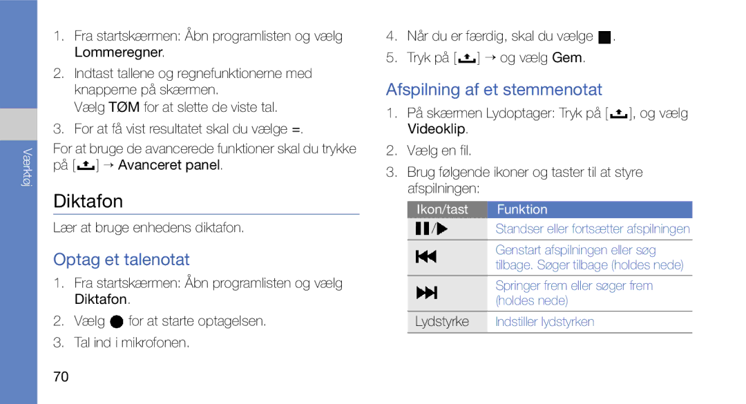 Samsung GT-I5700UWAXEE manual Diktafon, Optag et talenotat, Afspilning af et stemmenotat, Lær at bruge enhedens diktafon 