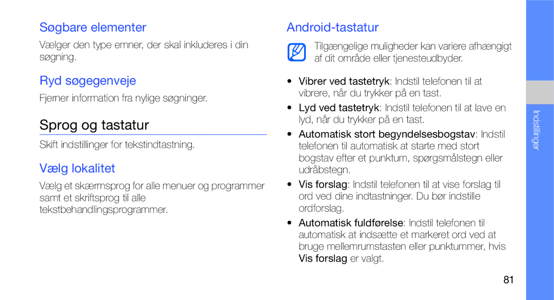 Samsung GT-I5700HKAXEE manual Sprog og tastatur, Søgbare elementer, Ryd søgegenveje, Vælg lokalitet, Android-tastatur 