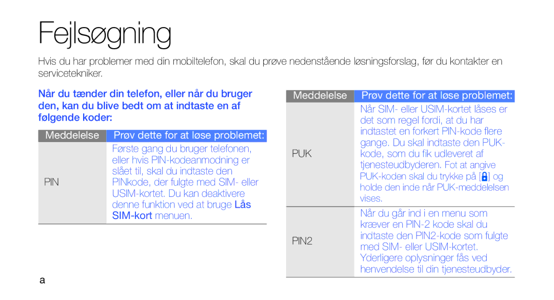 Samsung GT-I5700UWAXEE, GT-I5700HKAXEE manual Fejlsøgning 