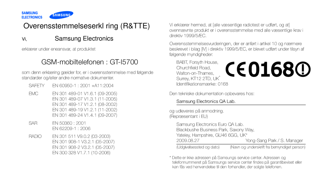 Samsung GT-I5700UWAXEE, GT-I5700HKAXEE manual Overensstemmelseserklæring R&TTE 